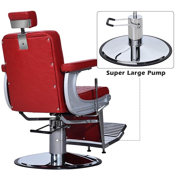 BarberPub Heavy Duty Metal Vintage Barber Chair All Purpose Hydraulic Recline Salon Beauty Spa Shampoo Equipment 3825 (Red with Red Stitches)