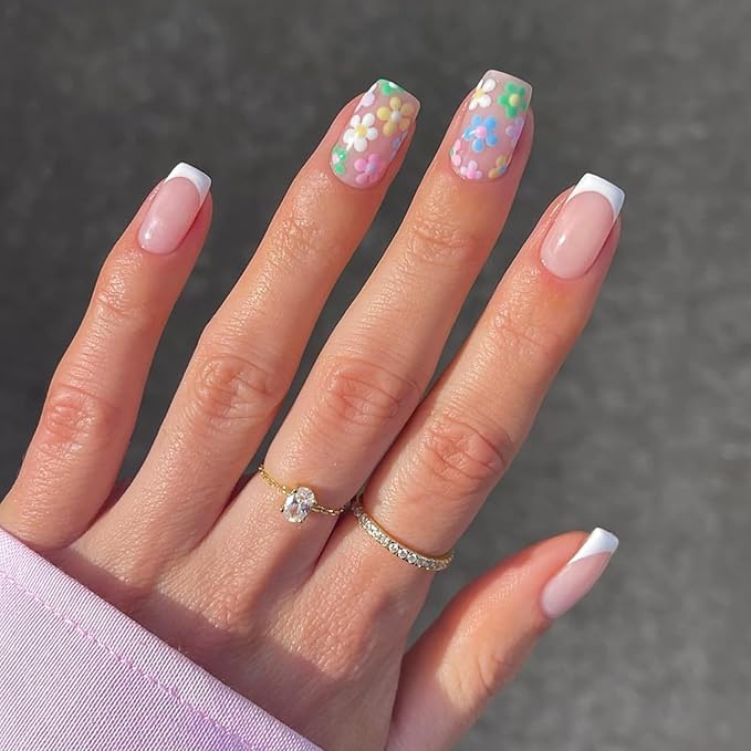 6 Packs (144 Pcs) Press on Nails Medium, Jsiallye French Tip Press on Nails with Flower Design Square, Glue on Nails in 12 Sizes - 24 Fake Nails Kit, Summer Collection Stick on Nails for Women