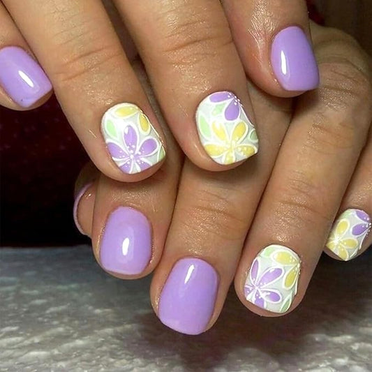 24Pcs Flower Press on Nails Short Square Fake Nails with Purple Yellow Flower Design Glossy Full Cover Artificial Glue on Nails Spring Summer Stick on Nails Cute Artificial Nails for Women Nails Kit