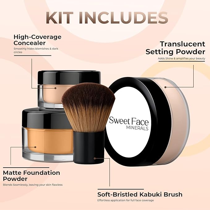 4pc KIT w/KABUKI BRUSH Mineral Makeup Bare Set Full Coverage Concealer Blush Foundation Powder (Deep Tan)