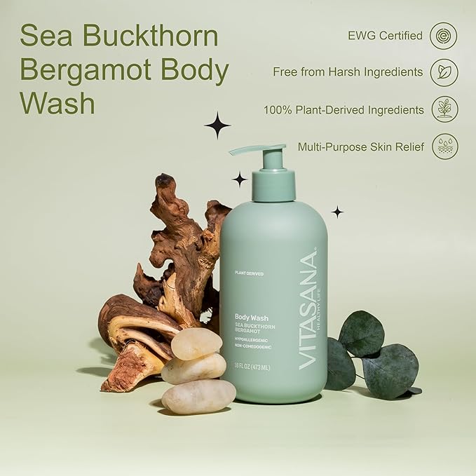 Natural Body Wash for Sensitive Skin, 16 oz – Sea Buckthorn & Bergamot Scent, 98.9% Plant‑Derived, EWG Verified, Hypoallergenic, Paraben‑Free, Sulfate‑Free, Cruelty‑Free