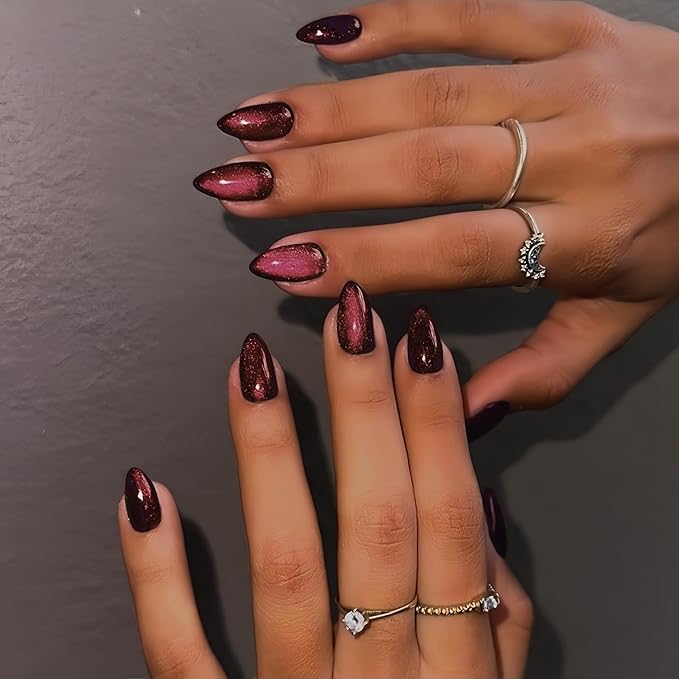 KQueenest Press On Nails Short - Light Pink to Black Press On Nails Almond Shape, Glitter Cat Eye Fake Nails with Nail Glue, Reusable Cute Dark Gel Glue On Nails with Color-Shifting Glow, 30 Pcs