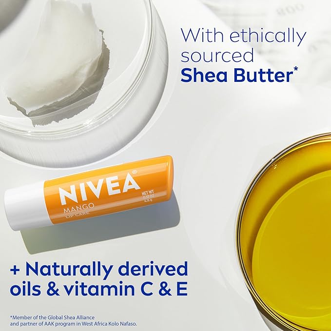 NIVEA Mango Lip Care, Vegan Lip Balm Pack with Shea Butter, Nourishing Oils and Vitamin C & E, 3-in-1 Moisturize, Repair and Protect, 0.17 Oz Stick, Pack of 4