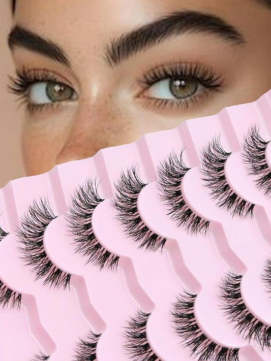 False Eyelahses Wispy Lashes Cat Eye 10MM Short Lashes C Curl Soft Lash Strips Fake Eyelashes Natural Look Cat Eyelash Pack with Clear Band Siligli 7 Pair