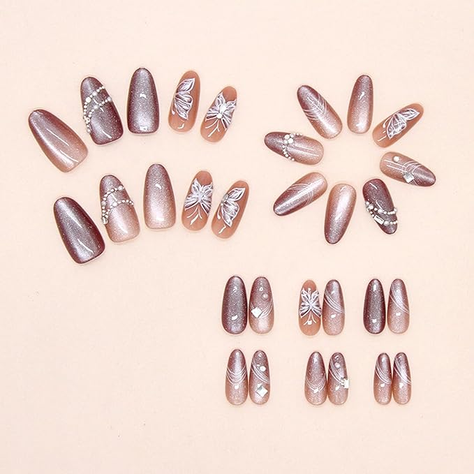 30pcs Medium Almond Handmade Press on Nails Fake Nails with 3D Butterfly Line Rhinestone Design Gothic Punk False Nail Y2k Press On Sparkling Diamond Pearl Full Cover Stick on Nails for Women