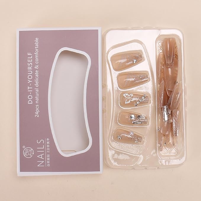 Hkanlre Bling Butterfly Press on Nails Long Silver Fake Nails Tips Full Cover False Coffin Nails for Women and Girls 24PCS