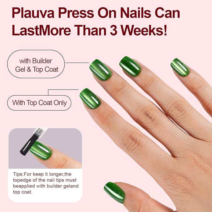 Cat Eye Press on Nails Short Square, 300Pcs Soft Gel Fake Nails, Glossy Glitter Cat Eye Nail Tips for Women and Girls Stick On Nails in 15 Sizes