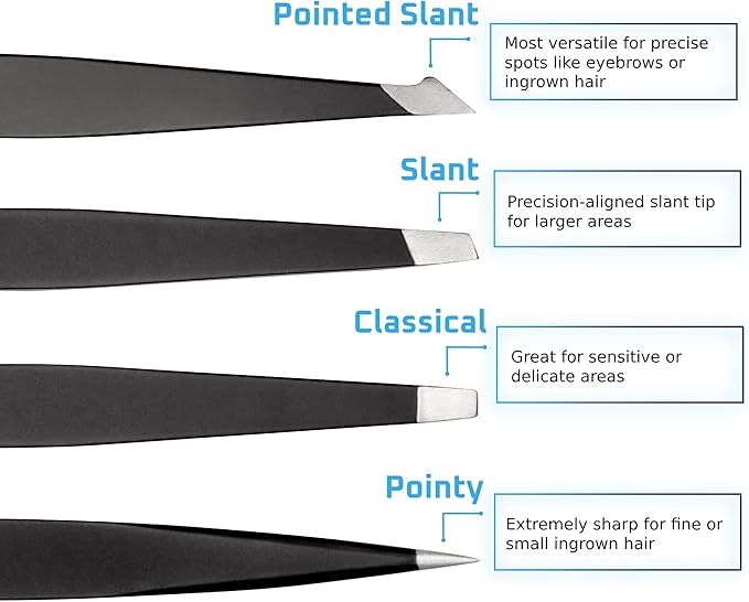 Rikans Precision Tweezers Set – Pack of 4 Black Professional Tweezers – Handy Carry Pouch – Superior Stainless Steel Tweezer Set – Splinters, Eyebrows, Facial or Ingrown Hair – Blackheads Remover