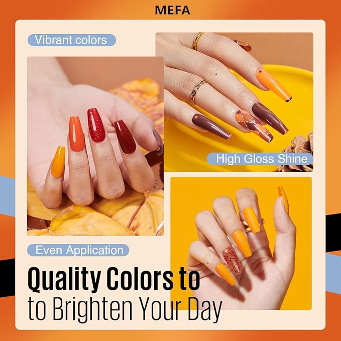 MEFA Fall Gel Nail Polish Set, 12 Colors Orange Burgundy Red Gel Polish Set Flash Dark Red Glitter Nail Polish Shimmer Nude Brown Blue Yellow Nail Gifts for Women Girl DIY Salon Home Spring Summer