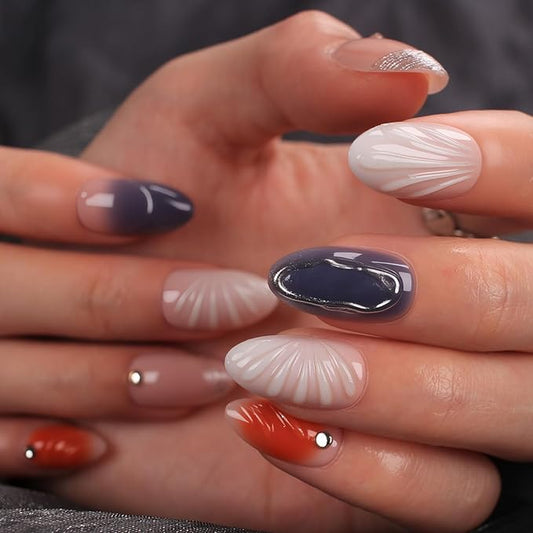 3D Nude Almond Press on Nail Short Fake Nails with Silver French Tip False Nails, 3D Silver Lines Design Artificial Acrylic Nail Press ons Reusable Almond Nail Glue on Nails for Women