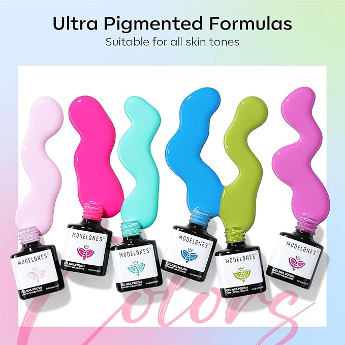 modelones Gel Nail Polish Set, 6 Colors Pastel Mint Purple Light Pink Gel Polish Rainbow Bright Neon Green Blue Hot Pink Nail Polish Soak Off LED Manicure Salon DIY Starter kit Gift