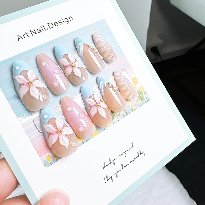 24pcs Blue French Tip Press on Nails Short Almond Fake Nails with 3D Flower Pearl Designs Summer False Nails Floral Acrylic Nails Kit Stick on Nails Full Cover Glue on Nails for Women Nail Decoration