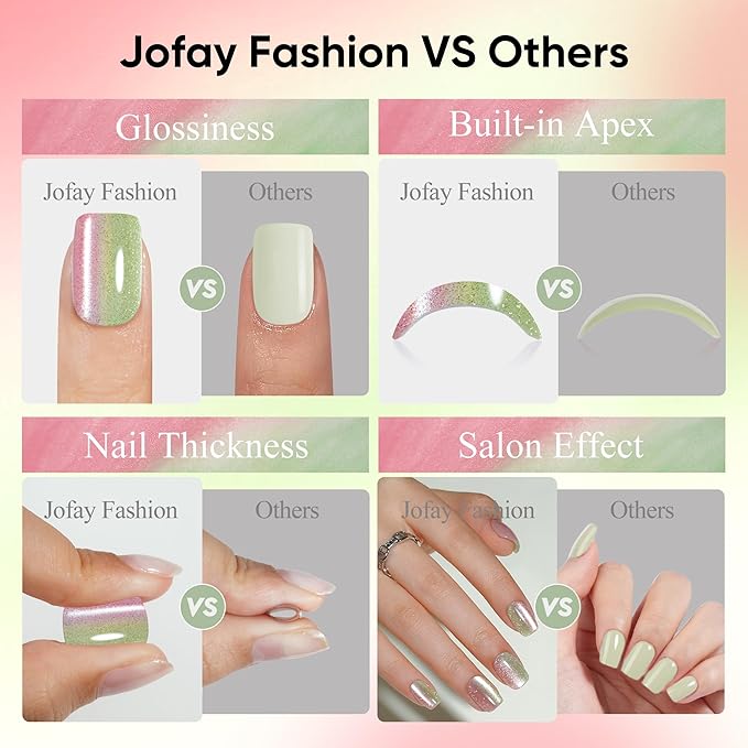 Press on Nails Short, Jofay Fashion Fake Nails, Two-color Ombre Cat Eye Press on Nails, Summer Acrylic False Nails, Reusable Stick on Nails for Women Girls, Glue on Nails Kit 32 Pcs, Honey Peach
