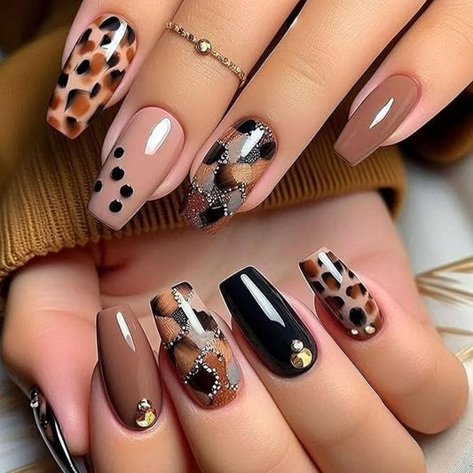 Coffin Press on Nails Medium Fake Nails Brwon Black Full Cover Coffin Nails Press ons with Dot Leopard Design Patterns Glue on Nails Glosy False Nails Cute Artificial Stick on Nails for Women 24Pcs