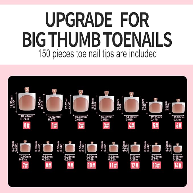 Vansiho 150 pcs French Tip Toe Nail Tips Press on, Brown White French Tips Toenail Press on Square for Women, Soft Gel Fake Toe Nails, Acrylic Nails Soak off Toe Nail Home DIY 15 Sizes