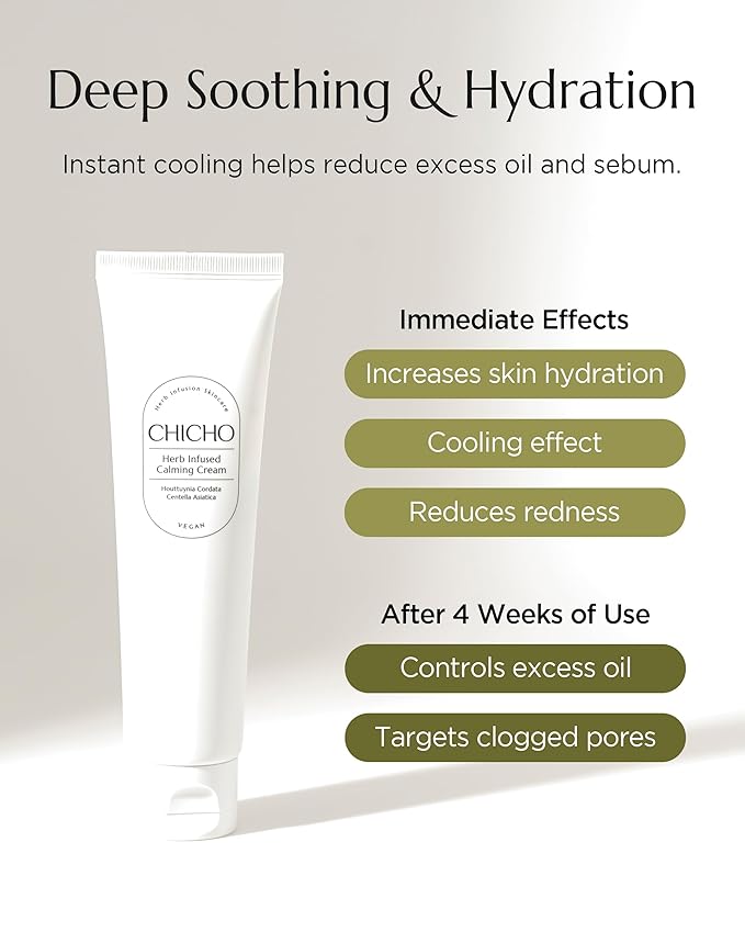 CHICHO Herb Infused Calming Cream - Korean Face Moisturizer with 68.8% Heartleaf & 6-Cica Complex - For Sensitive Acne Prone Skin, Vegan Clean Formula, 2.37 fl.oz.