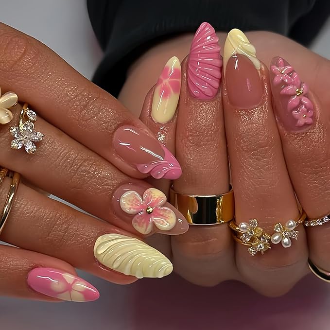 24Pcs French Tip Press on Nails Medium Almond Fake Nails with 3D Flower Gold Beads Designs Pink Yellow Floral Acrylic Nail Tips Full Cover Summer Fall False Nails Cute Flowers Stick on Nails for Women