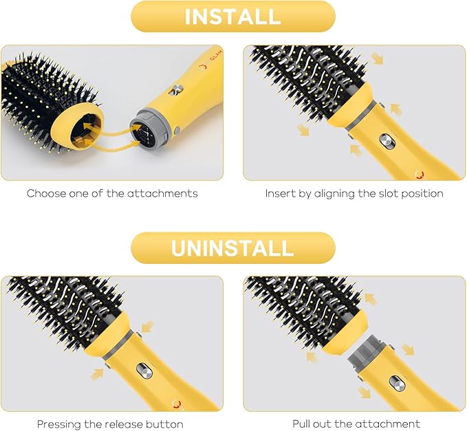 IG INGLAM Hair Dryer Brush, 4-in-1 Detachable Blow Dryer Brush, Ionic Diffuser Hair Dryer & Styler Volumizer with Oval Titanium Barrel, One-Step Hot Air Blowout Styler, Yellow