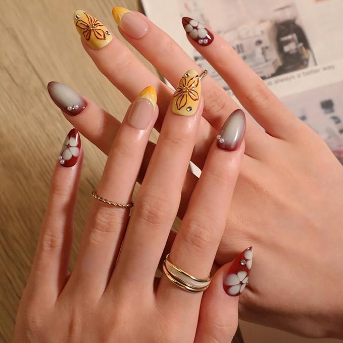 Yellow French Press On Nails Short Almond, Fall Fake Nails Adorned with Yellow and Burgundy Petal Accents, 3D Design, Glossy Gel Finish Acrylic Nails, Reusable Glue On Nails for Women, 24 Pcs