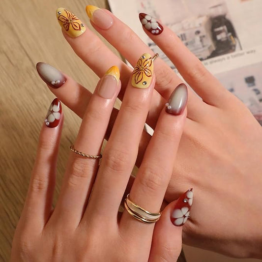 Yellow French Press On Nails Short Almond, Fall Fake Nails Adorned with Yellow and Burgundy Petal Accents, 3D Design, Glossy Gel Finish Acrylic Nails, Reusable Glue On Nails for Women, 24 Pcs