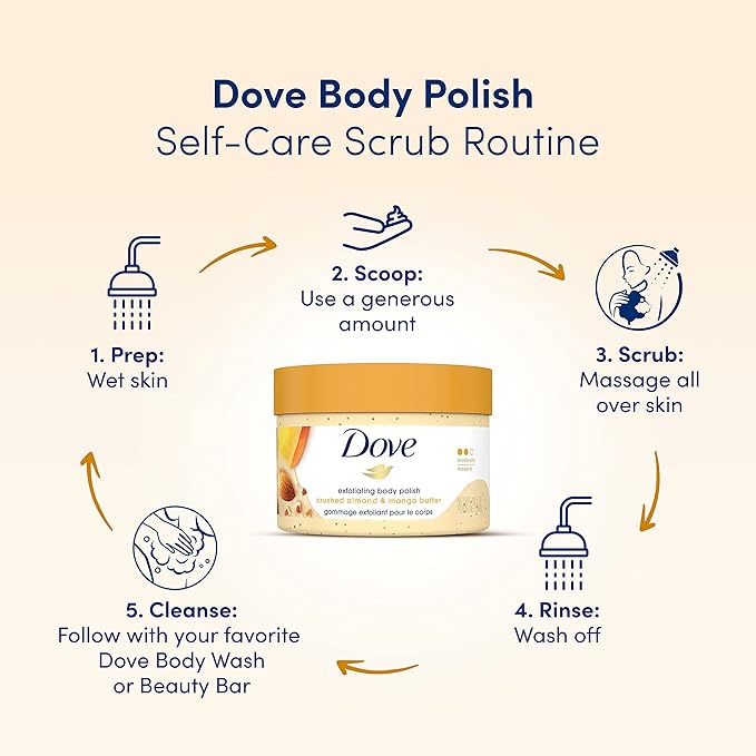 Dove Exfoliating Body Polish Body Scrub Crushed Almond and Mango Butter 4 Count Exfoliating Scrub for Dry Skin Gently Exfoliates to Reveal Healthy Skin 10.5 oz