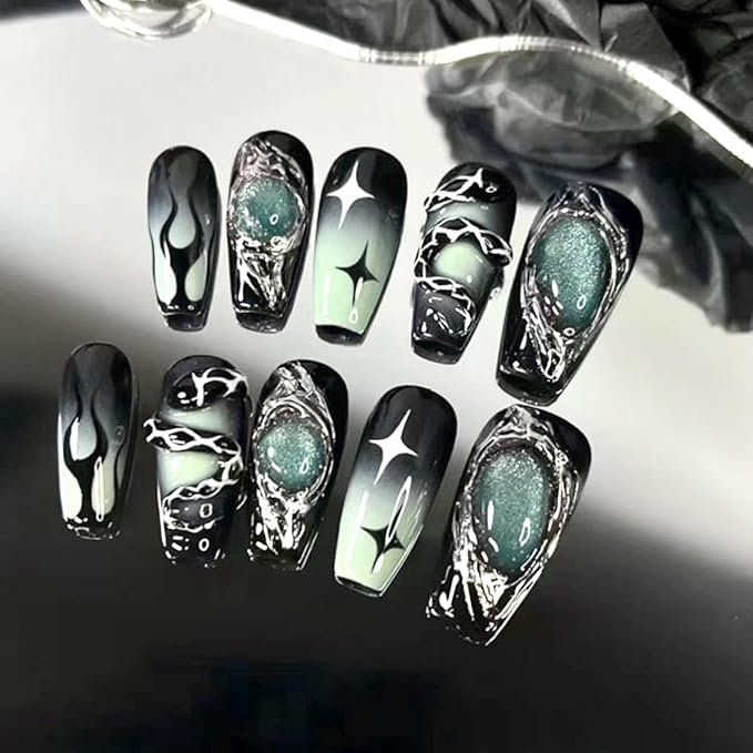 24pcs Dark Press on Nails Medium length Fake Nails Press on with Punk Cool Black Star Crocodile Pattern Dark Gradient False Nails Star Full Cover Glossy Irregular Metal Stick on Nails for Women 24Pcs