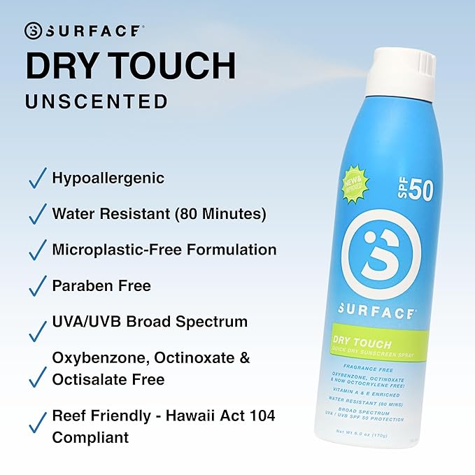 Surface Sunscreen Spray SPF 50 for Body, Natural Formula, Lightweight and Reef Friendly, Broad Spectrum UVA UVB Protection, Water Resistant Sun Care for Outdoor Use, Fragrance Free, 6oz