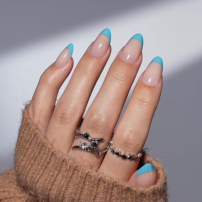 French Tip Press on Nails, Short Press on Nails Almond Reusable Glossy Blue Nails Soft Gel False Nails Press ons for Women, 16 Sizes 32 Count Nails Kit with Glue (SV-011)