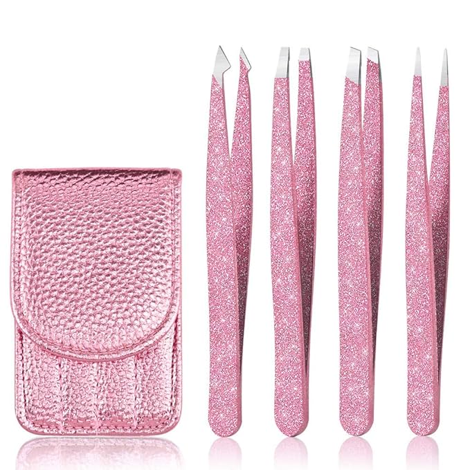 Eyebrow Tweezer Set, 4 Pcs Professional Stainless Steel Tweezers for Women, Precision Tweezer for Facial Hair, Splinter and Ingrown Hair Removal（Rose Gold）