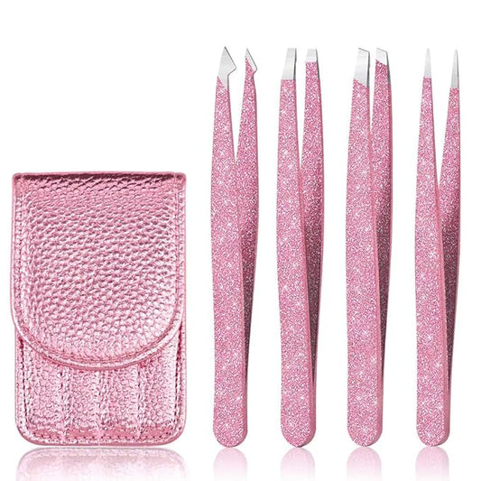 Eyebrow Tweezer Set, 4 Pcs Professional Stainless Steel Tweezers for Women, Precision Tweezer for Facial Hair, Splinter and Ingrown Hair Removal（Rose Gold）