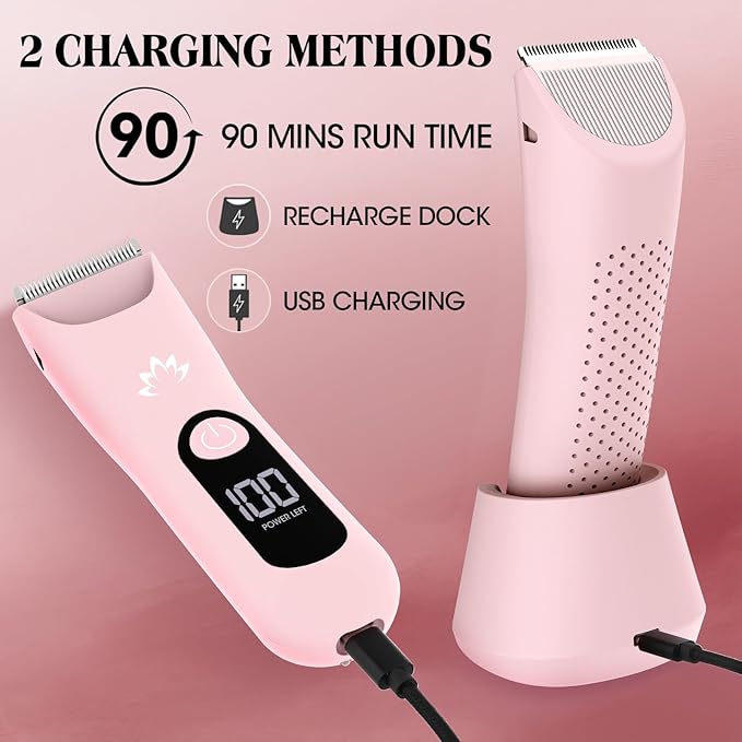 Dermave Bikini Shaver Bikini Trimmer for Women,Cordless Pubic Hair Trimmer,IPX7 Waterproof & LED Display Ladies Electric Razors Body Hair Trimmers for Underarm Leg Arm,Gifts Pink