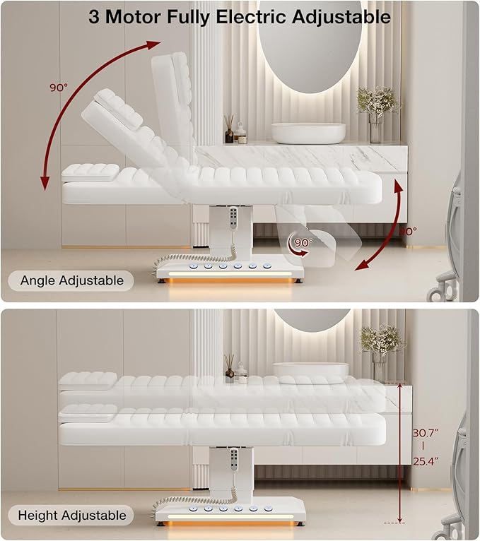 Paddie Professional Fully Electric Spa Chair, 3 Motor Esthetician Spa Bed with LED Light, Motorized Height & Angle Adjustable for Facial & Medical, 550lbs Capacity, White