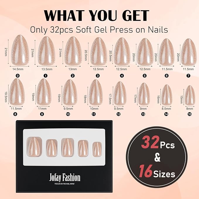 Cat Eye Press On Nails- Jofay Fashion Press On Nails Christmas Almond for Gifts, Nude Short Stick On Nails with Glue, Glossy Reusable Nail Tips in 16 Sizes - 32 Soft Gel Fake Nails Kit, Nude Cat Eye