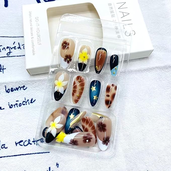 Fall French Tip Press on Nails Medium Almond False Nails with Gold 3D Design Full Cover Glue on Nail Reusable Colorful Flowers Acrylic Fake Nails Glossy Artificial Stick on Nail for Women