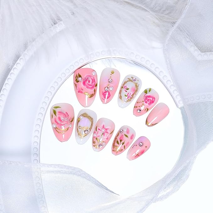 24Pcs Flower Press on Nails Almond Short Fake Nails with Pearl Rhinestones Design Handmade Acrylic Nails Pink Rose Glue on Nail 3D Gold Chrome French Tip False Nails Cute Floral Bow Artificial Nail