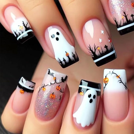 24pcs Halloween Press on Nails Medium Coffin French Tip Fake Nails with Designs Horror Ghost False Nails Pumpkin Glue on Nails French Full Cover Stick on Nails for Women Holiday Nail Decoration
