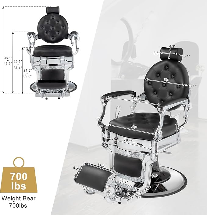 OmySalon Vintage Barber Chair All Purpose Heavy Duty, Hydraulic Recline Salon Beauty Styling Chair Retro, 360 Degree Swivel for Hair Stylist Tattoo, Round Base, Tufted Button