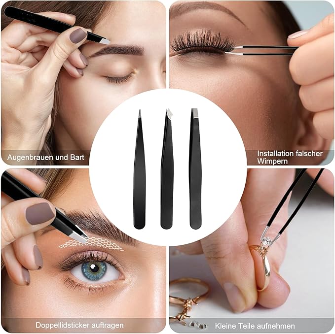 Professional Tweezers Set with Leather Case for Eyebrows, 3 Piece Black Precision Tweezers, Burgundy Storage Pouch