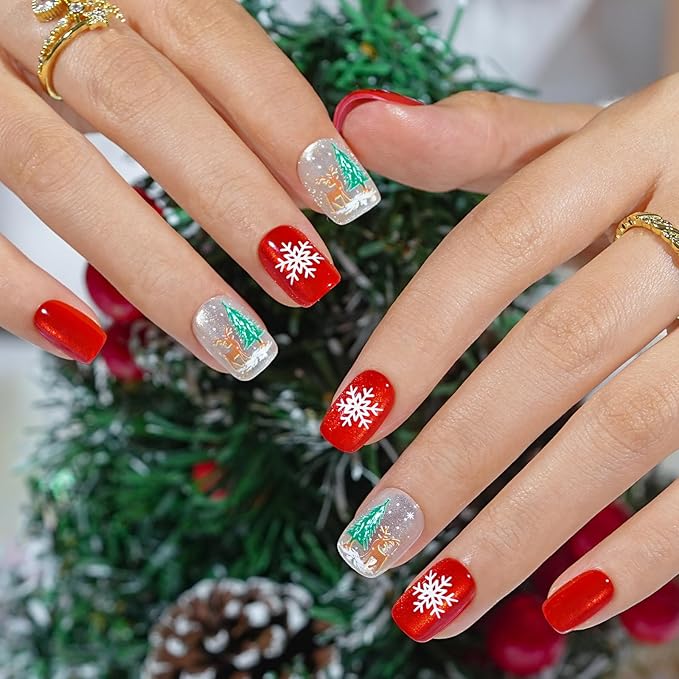 Christmas Press on Nails Short, Jofay Fashion Red Press on Nails, Fake Nails with Snowman, Xmas Tree and Elk Designs, Reusable Acrylic Cat Eye False Nails Glue on Nails Kit 32 Pcs