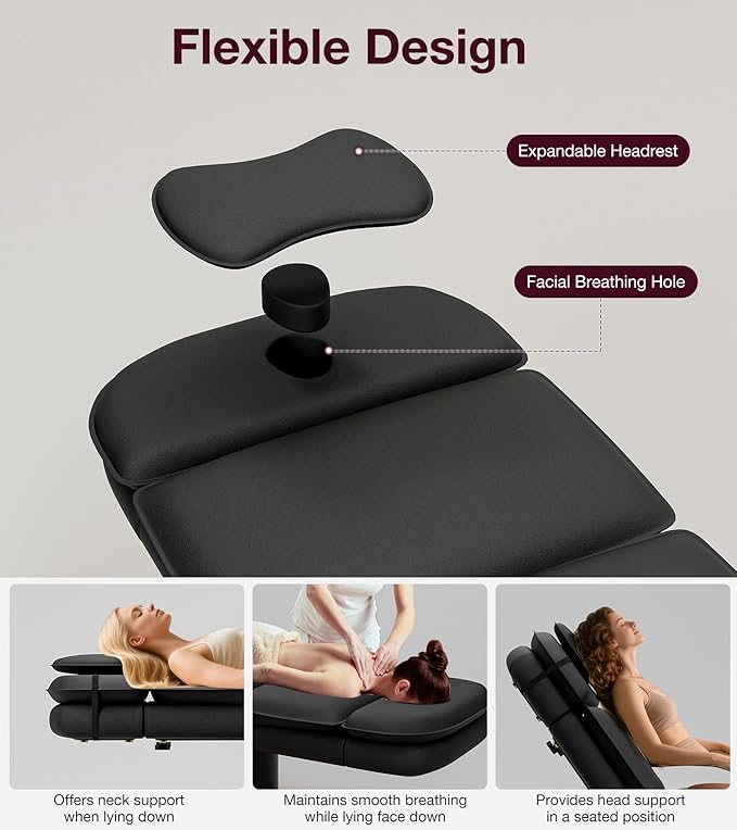 VARONXE Fully Electric Massage Table w/3 Motors, Professional Angle and Height Adjustable Spa Bed Facial Chair, Motorized Esthetician Bed Treatment Table for Beauty Salon, Black