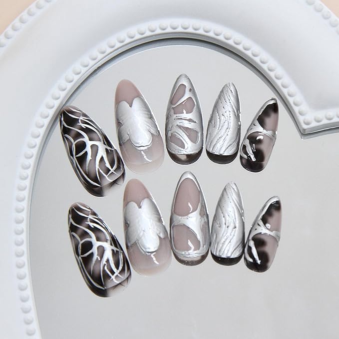 24Pcs Dark Press on Nails Medium Almond Fake Nails with 3D Y2k Irregular Silver Designs Glossy French Nails Reusable Fake Nails Full Cover Artificial Glue on Nails Gothic Stick on Nails for Women