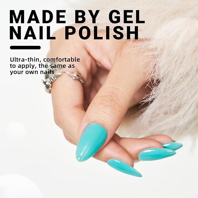 WOOYAS Press on Nails Medium-Trquoise Solid Color Glossy Fake Nails Press Ons Almond Shape, Glue on Nails for Women and Girls Daily Wear in 24PCS