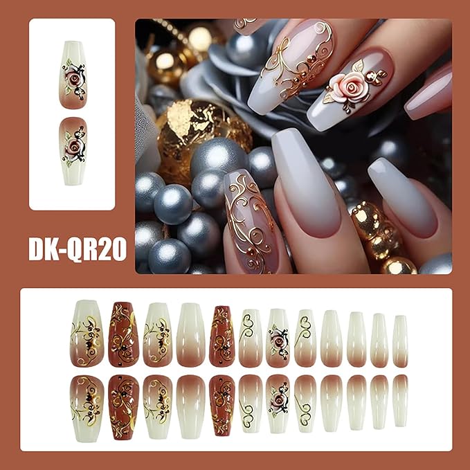 24Pcs Rose Flower Press on Nails Medium Ballet Shaped Gold Lines Design Gradient Acrylic Fake Nail Full Cover Glossy Blossom Stick on Nail Floral Artificial Fingernails DIY Glue on Nails for Women