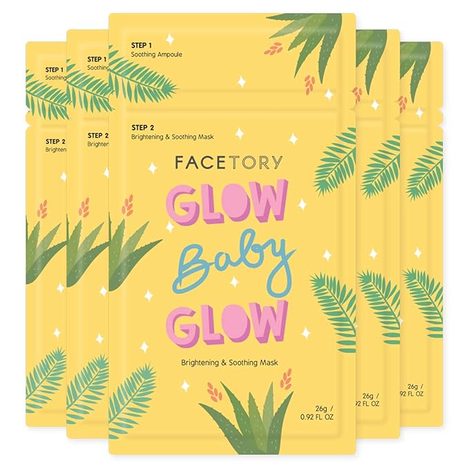 FACETORY K Beauty Face Mask Skin Care - Glow Baby Glow 2-Step Sheet Mask with Niacinamide & Aloe + Calming Ampoule | Hydrates, Glowing Skin (5 Pack)