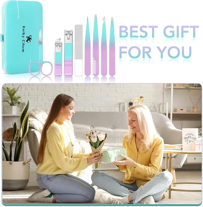 Tweezers Set and Nail Clippers 8Pcs Precision No Gaps Eyebrow Tweezer Kit for Facial Hair Men & Women Travel Tweezers with Leather Case (Violet/Cyan)