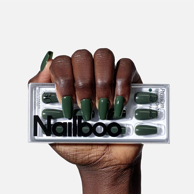 Nailboo Press On Nails, Salon-Quality Reusable Fake Nails for Fast DIY Manicure with Strong Hold Nail Glue for Press Ons, Nail File, & Alcohol Prep Pads, Jade Parade