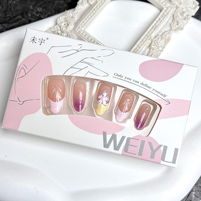 30Pcs Purple Flower Press on Nails Medium Almond Fake Nails with 3D Gold Shell Pearl Design Pink French Tip Acrylic False Nails Water Drop Ombre Summer Full Cover Stick on Nails for Women