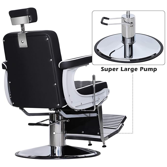 BarberPub Heavy Duty Metal Vintage Barber Chair All Purpose Hydraulic Recline Salon Beauty Spa Shampoo Equipment 3825 (Black with White Stitches)