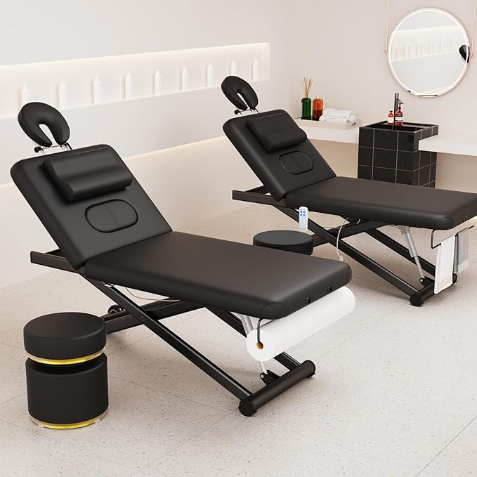 Heavy-Duty Electric Lift Massage Table with Electric Adjustable Backrest and Legs, Wide Physical Therapy Massage Bed with Wheels, Professional Spa Facial Bed, PU Leather, 32'' W × 75'' L