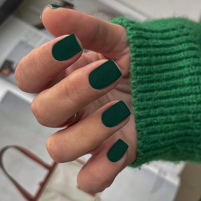 48Pcs Matte Dark Green Press on Nails Short Square Fake Nails Glue on Gel Nails Press ons Spring Acrylic Stick on False Nails for Women Extra Short Nail Small Petite